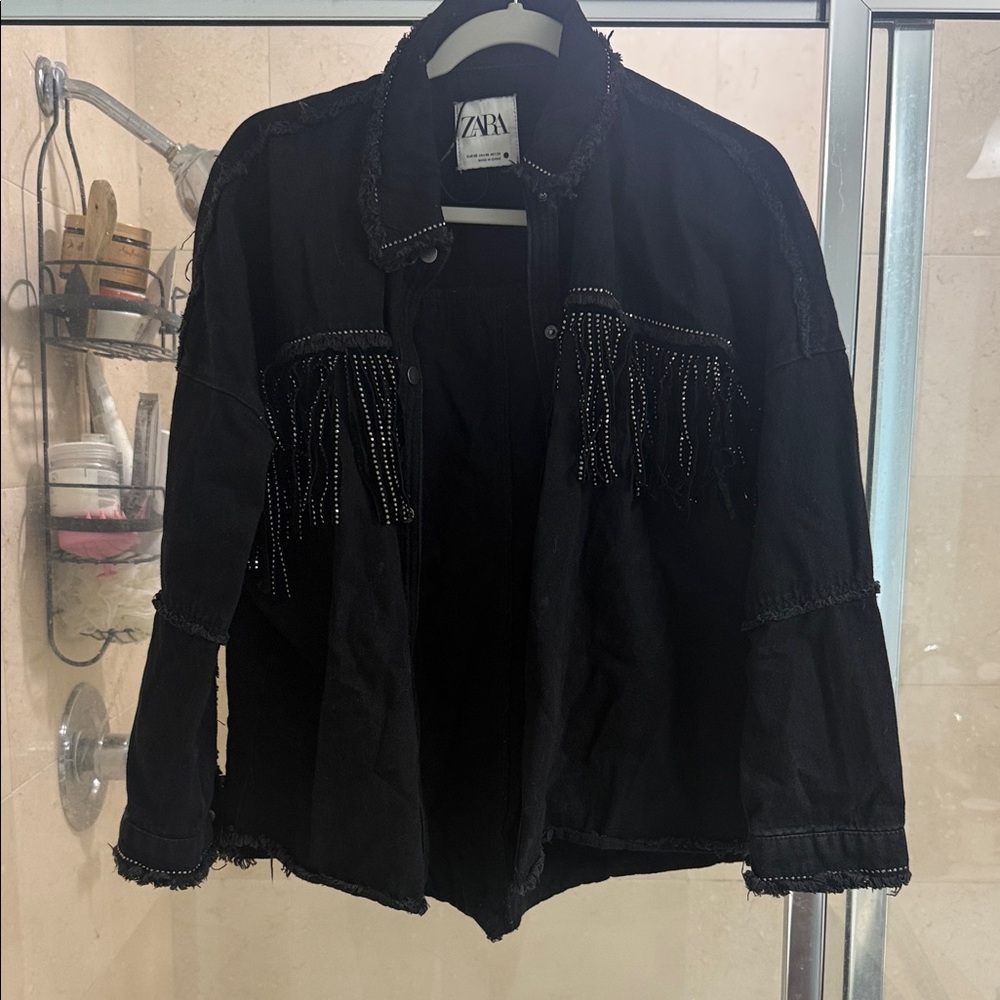 Zara Women's Black Denim Jacket with Fringe